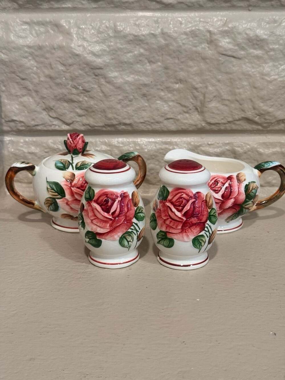 Vintage Lefton Americana Rose Pattern Sugar Bowl, Creamer, Salt & Pepper